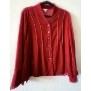 J Jill Crushed Rich Red Velvet Button Up Tunic Top Blouse Silk‎ Blend L Petite
